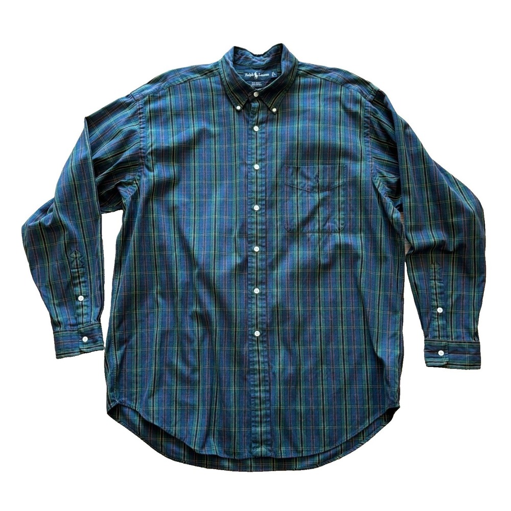 Ralph Lauren Big Shirt Mens Large Green Blue Plaid Button Down Long Sleeve